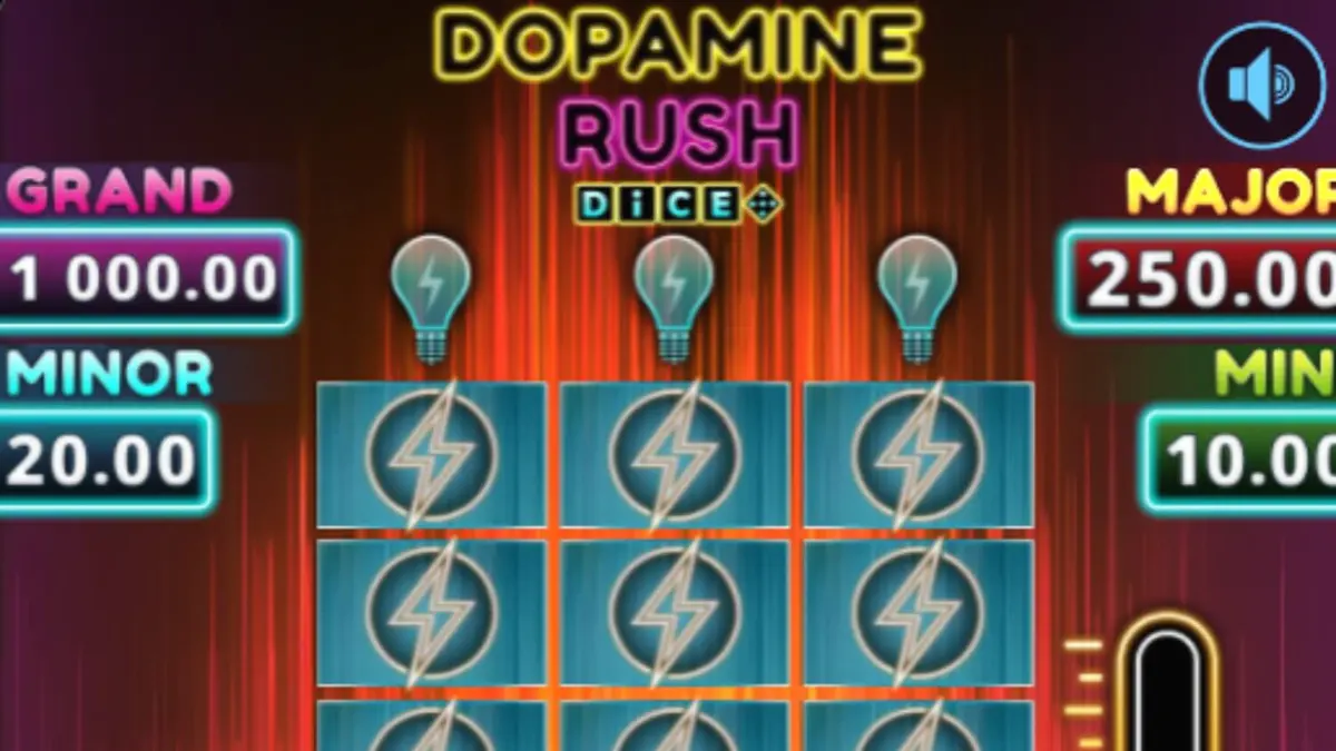 Tampilan visual neon yang memukau dari slot Dopamine Rush Dice dengan tema arcade retro.