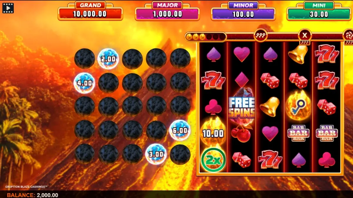 Tampilan visual slot Eruption Blaze Cashingo dengan tema gunung berapi dan grid bingo.